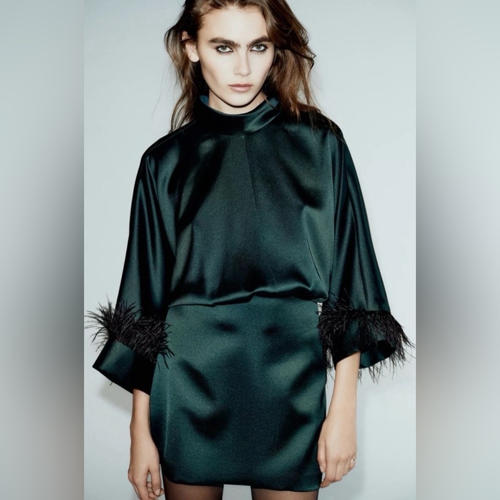 New with tags! Zara Emerald Satin Style Dress with Feather Cuffs